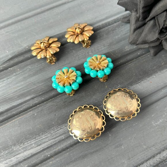 Gold + Turquoise Clip-on Earring Lot (Lot of 3) - Picture 1 of 10